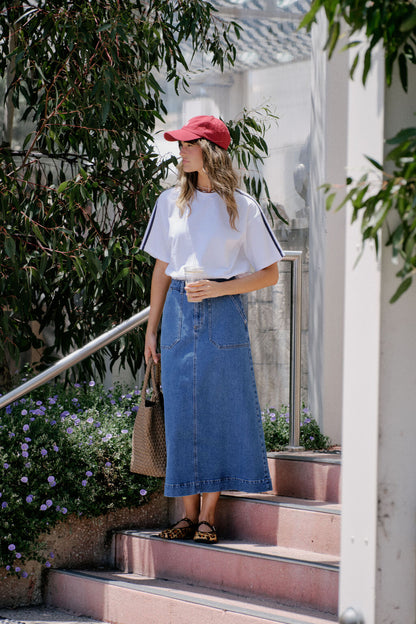 Patch Pocket Denim Midi Skirt