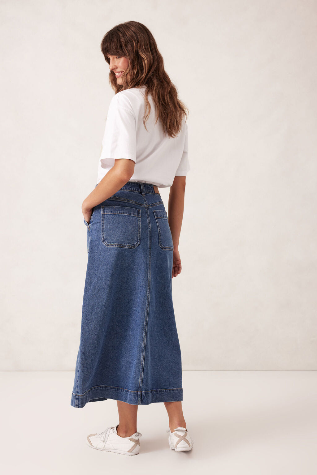 Patch Pocket Denim Midi Skirt