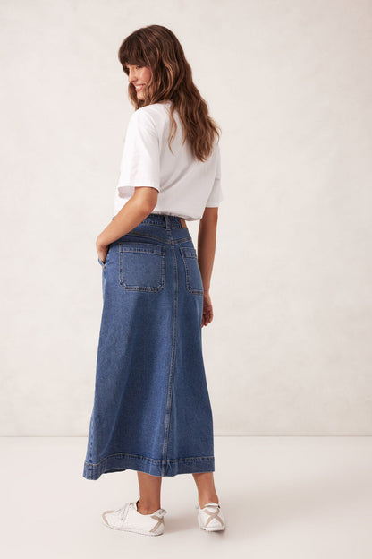 Patch Pocket Denim Midi Skirt