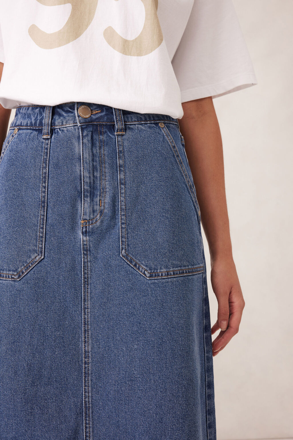 Patch Pocket Denim Midi Skirt