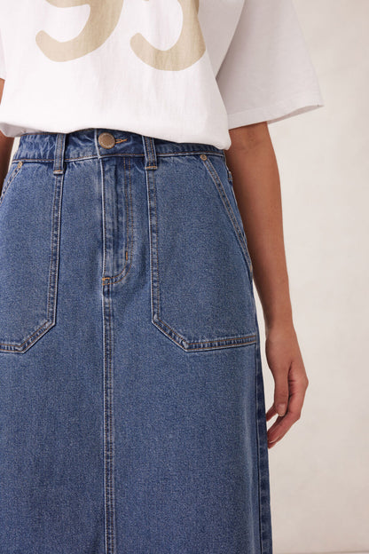 Patch Pocket Denim Midi Skirt